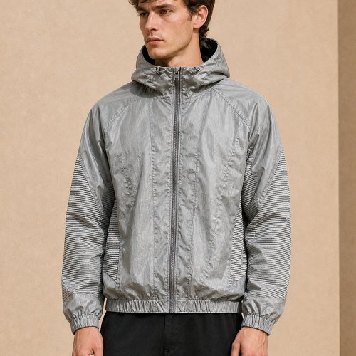 Black and Light Grey Hooded Pullover with Applique Graphic