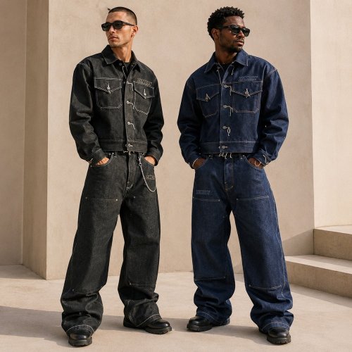Black Washed Denim Jacket and Cargo Pants Set