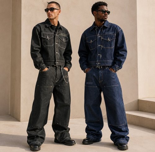 Black Washed Denim Jacket and Cargo Pants Set