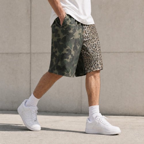 Camo and Leopard Colorblock Mid-Length Shorts
