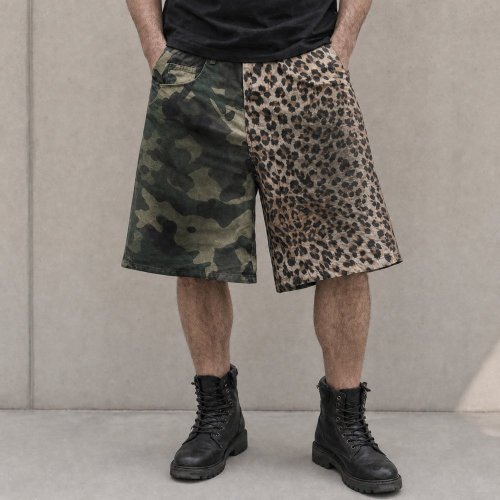 Camo and Leopard Colorblock Mid-Length Shorts