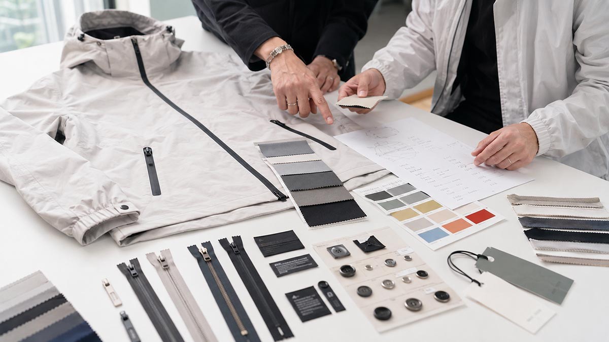 Fabric swatches, trims, labels, artwork, and apparel samples being reviewed during private label product development