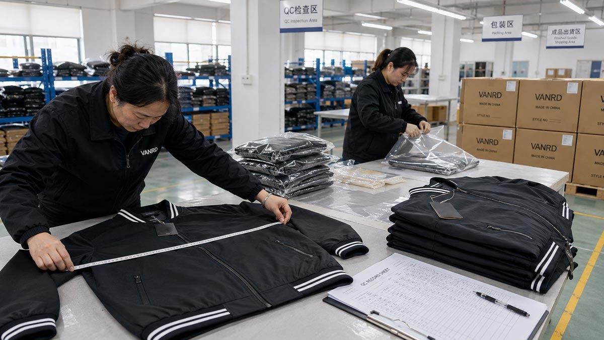 Garment quality inspection, private label packaging, carton checking, and shipment preparation for an overseas clothing brand