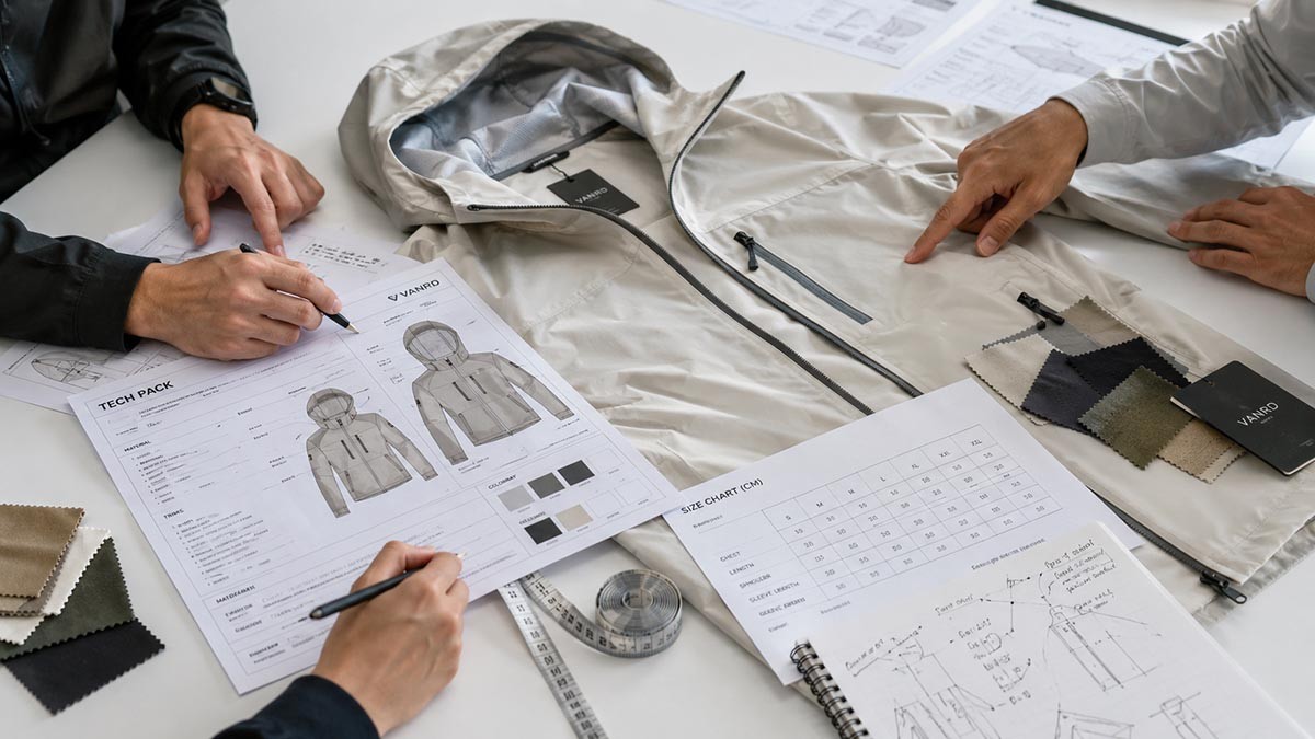 Fashion brand team reviewing tech packs, garment samples, measurements, and product requirements with a private label clothing manufacturer