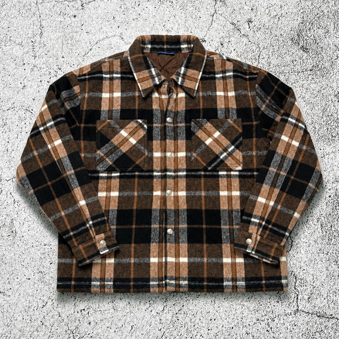 Custom Brown Plaid Flannel Shacket Quilted Lined Jacket