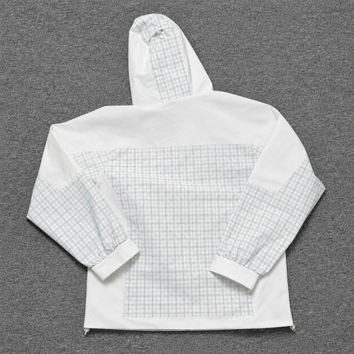 Custom White Windowpane Plaid Hooded Windbreaker Jacket