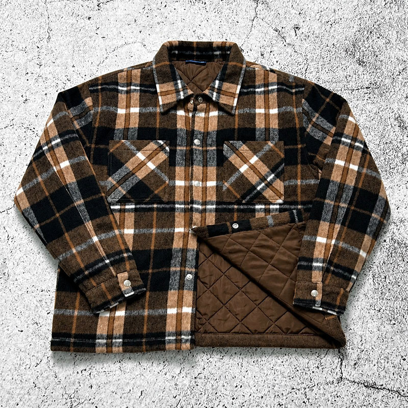 Custom Brown Plaid Flannel Shacket Quilted Lined Jacket
