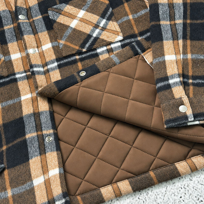 Custom Brown Plaid Flannel Shacket Quilted Lined Jacket