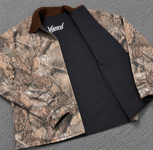 Custom Reversible Work Jacket Navy Canvas and Camo Print