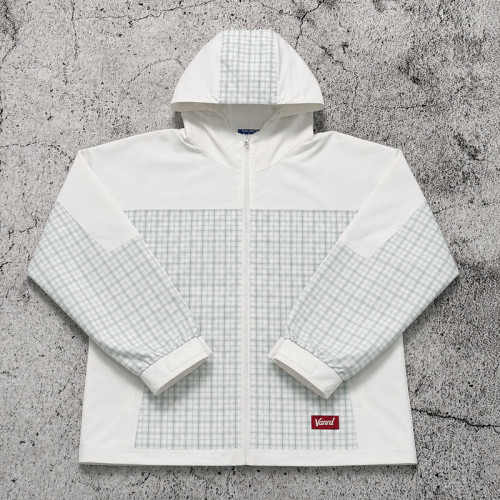 Custom White Windowpane Plaid Hooded Windbreaker Jacket
