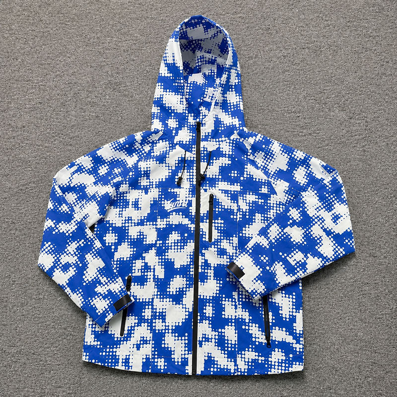 Custom White and Blue Hooded Windbreaker Two-Piece Set