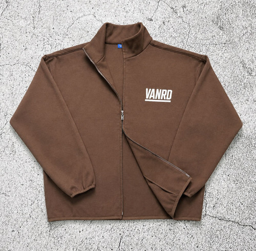 Custom Brown Stand Collar Zip Up Bomber Track Jacket