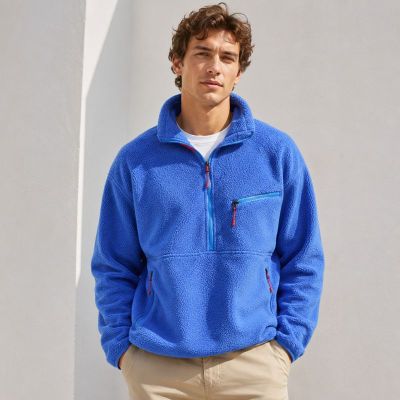 Custom Cobalt Blue Sherpa Fleece Stand Collar Half Zip Jacket