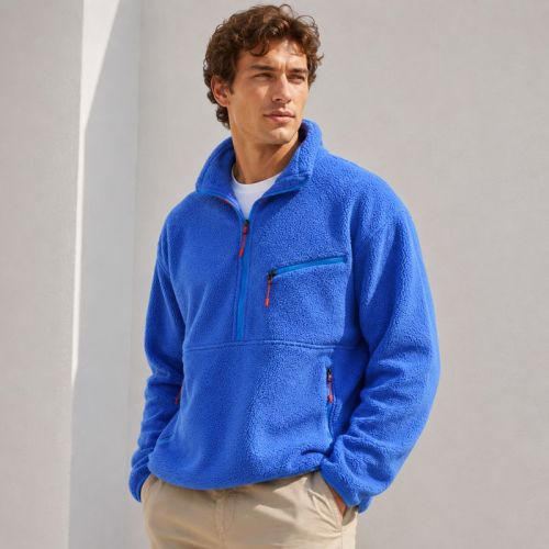 Custom Cobalt Blue Sherpa Fleece Stand Collar Half Zip Jacket