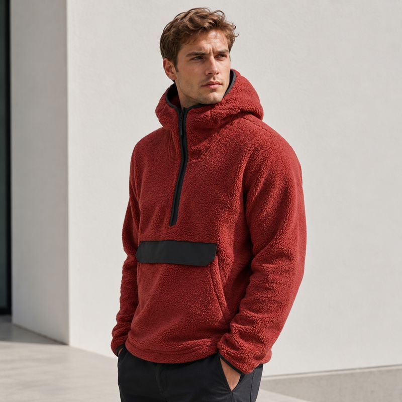 Custom Brick Red Sherpa Fleece Hooded Half Zip Pullover Jacket