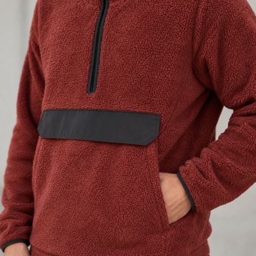 Custom Brick Red Sherpa Fleece Hooded Half Zip Pullover Jacket