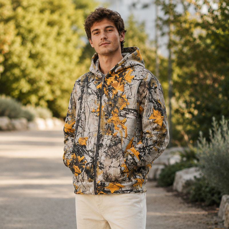 Custom Hunting Camo Print Sherpa Fleece Hooded Full Zip Hoodie