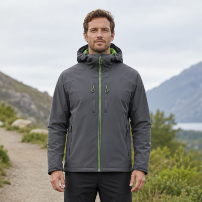 Custom Grey Softshell Hooded Outdoor Jacket with Green Zip Detail