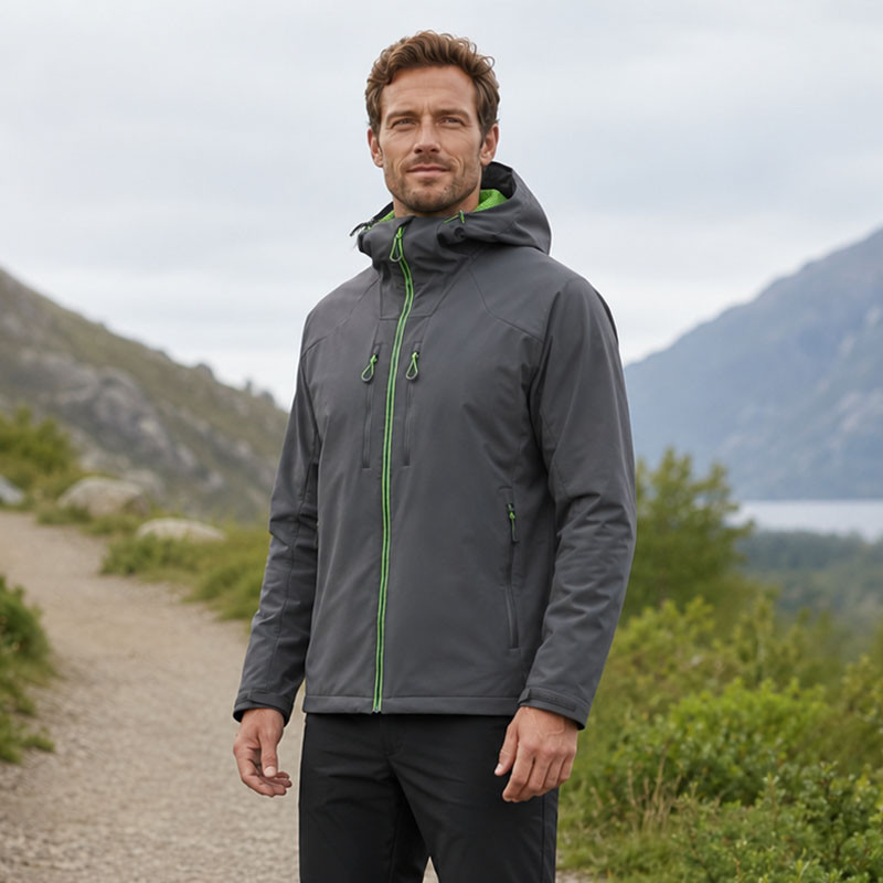 Custom Grey Softshell Hooded Outdoor Jacket with Green Zip Detail