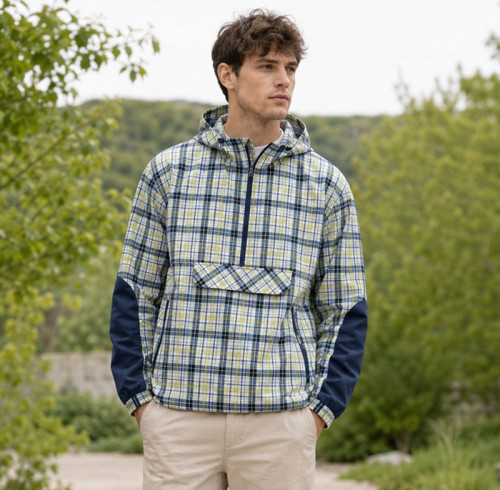 Custom Blue Green Plaid Nylon Hooded Anorak Windbreaker Jacket