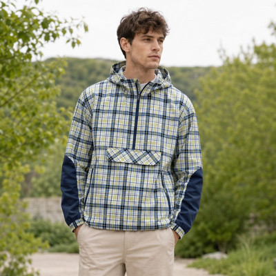 Custom Blue Green Plaid Nylon Hooded Anorak Windbreaker Jacket