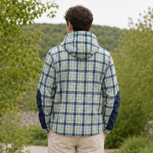 Custom Blue Green Plaid Nylon Hooded Anorak Windbreaker Jacket