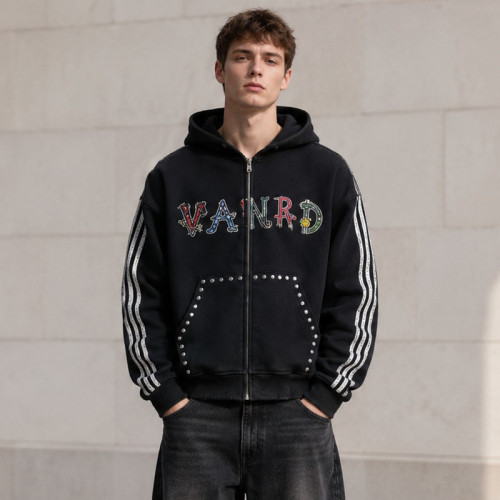 Custom Black Rhinestone Striped Zip Up Hoodie with Embroidered Logo