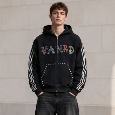 Custom Black Rhinestone Striped Zip Up Hoodie with Embroidered Logo