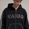 Custom Black Rhinestone Striped Zip Up Hoodie with Embroidered Logo