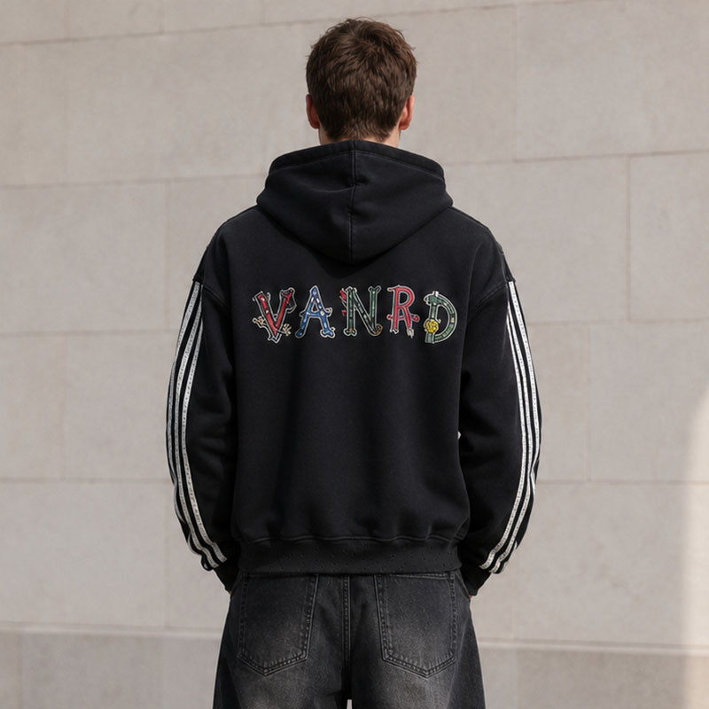 Custom Black Rhinestone Striped Zip Up Hoodie with Embroidered Logo
