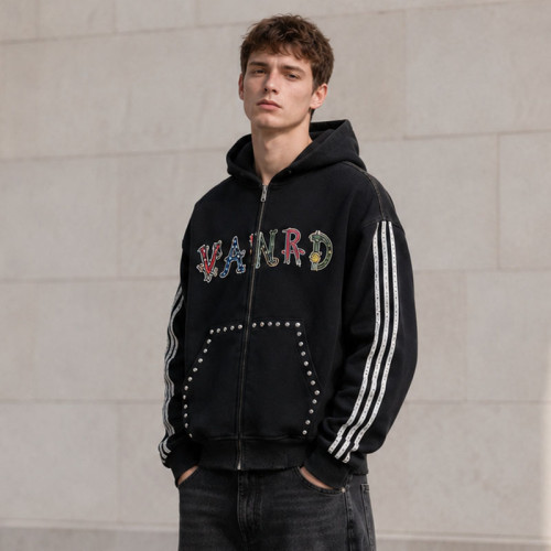 Custom Black Rhinestone Striped Zip Up Hoodie with Embroidered Logo