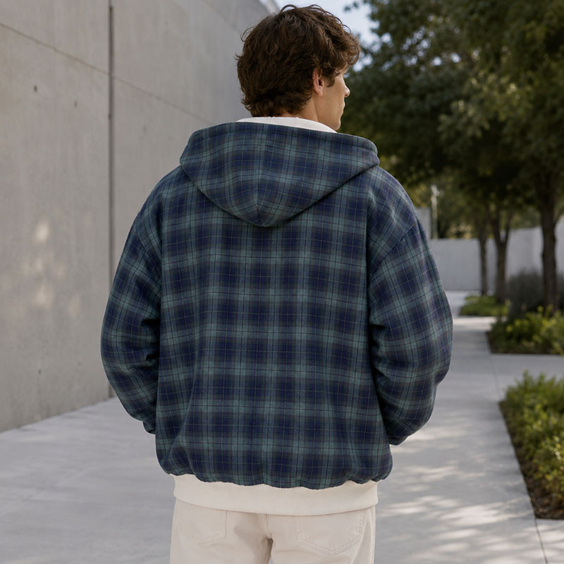 Custom Blue Green Plaid Hooded Zip Up Hoodie with Cream Lining