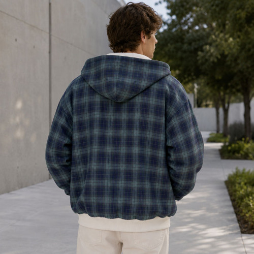 Custom Blue Green Plaid Hooded Zip Up Hoodie with Cream Lining