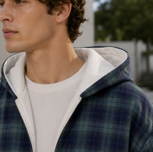 Custom Blue Green Plaid Hooded Zip Up Hoodie with Cream Lining