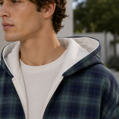 Custom Blue Green Plaid Hooded Zip Up Hoodie with Cream Lining
