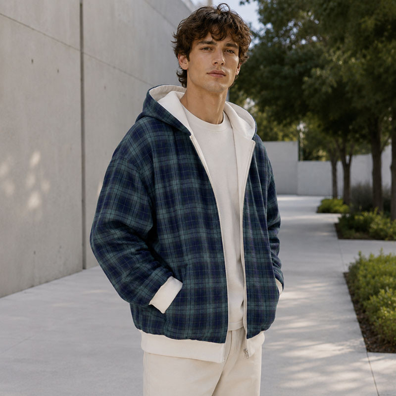 Custom Blue Green Plaid Hooded Zip Up Hoodie with Cream Lining
