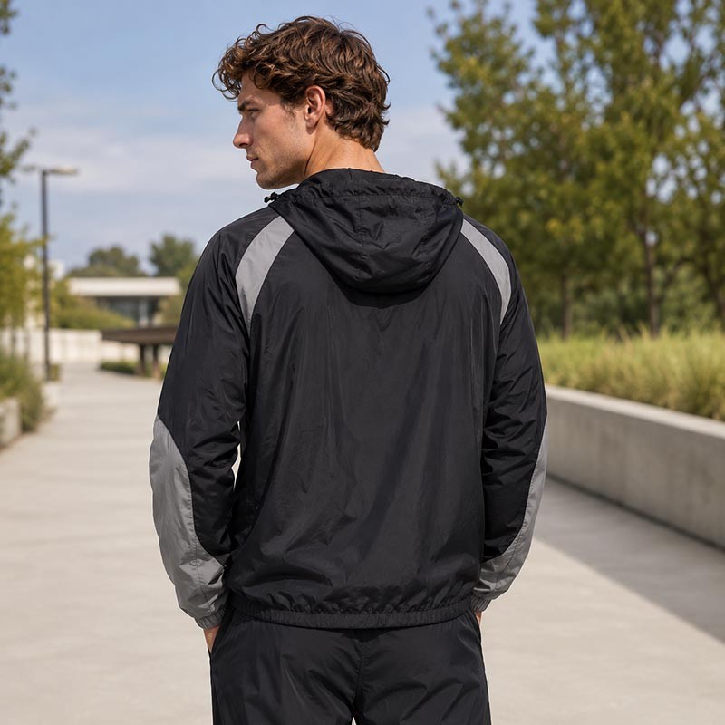 Custom Black Grey Color Block Hooded Windbreaker Jacket