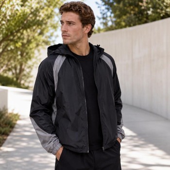 Custom Black Grey Color Block Hooded Windbreaker Jacket