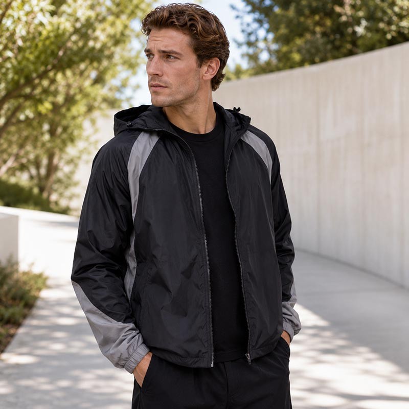 Custom Black Grey Color Block Hooded Windbreaker Jacket