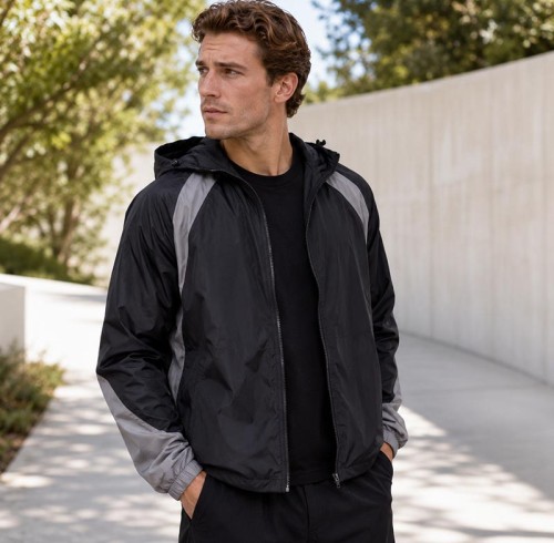 Custom Black Grey Color Block Hooded Windbreaker Jacket