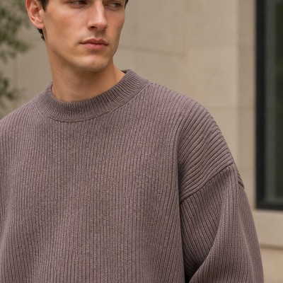 Custom Taupe Brown Ribbed Knit Crewneck Pullover Sweater