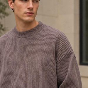 Custom Taupe Brown Ribbed Knit Crewneck Pullover Sweater