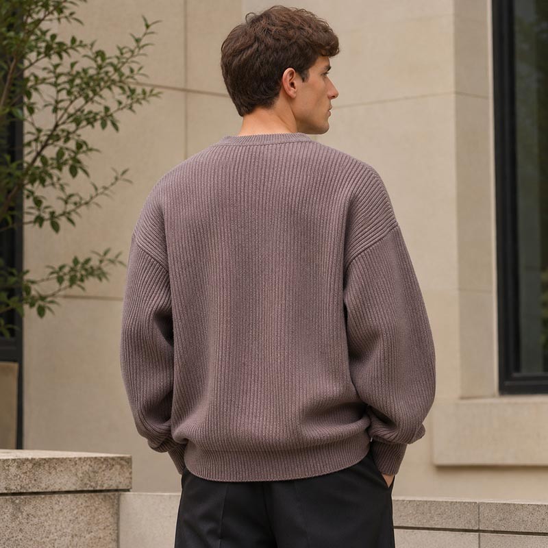 Custom Taupe Brown Ribbed Knit Crewneck Pullover Sweater
