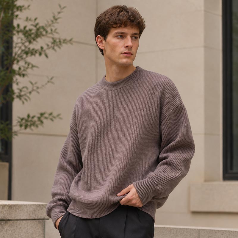 Custom Taupe Brown Ribbed Knit Crewneck Pullover Sweater