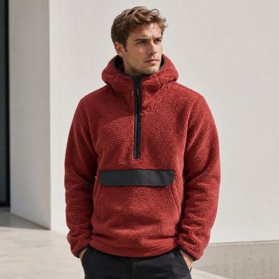 Custom Brick Red Sherpa Fleece Hooded Half Zip Pullover Jacket