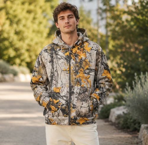 Custom Hunting Camo Print Sherpa Fleece Hooded Full Zip Hoodie