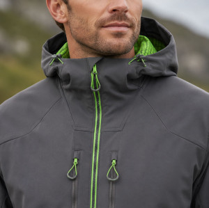 Custom Grey Softshell Hooded Outdoor Jacket with Green Zip Detail