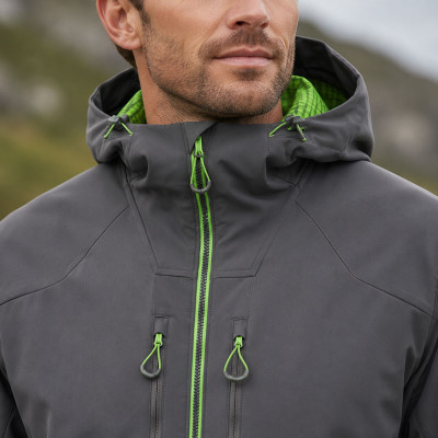 Custom Grey Softshell Hooded Outdoor Jacket with Green Zip Detail