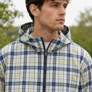 Custom Blue Green Plaid Nylon Hooded Anorak Windbreaker Jacket