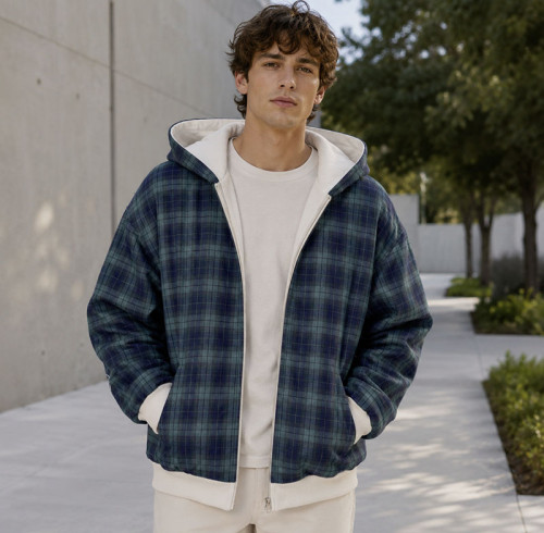 Custom Blue Green Plaid Hooded Zip Up Hoodie with Cream Lining